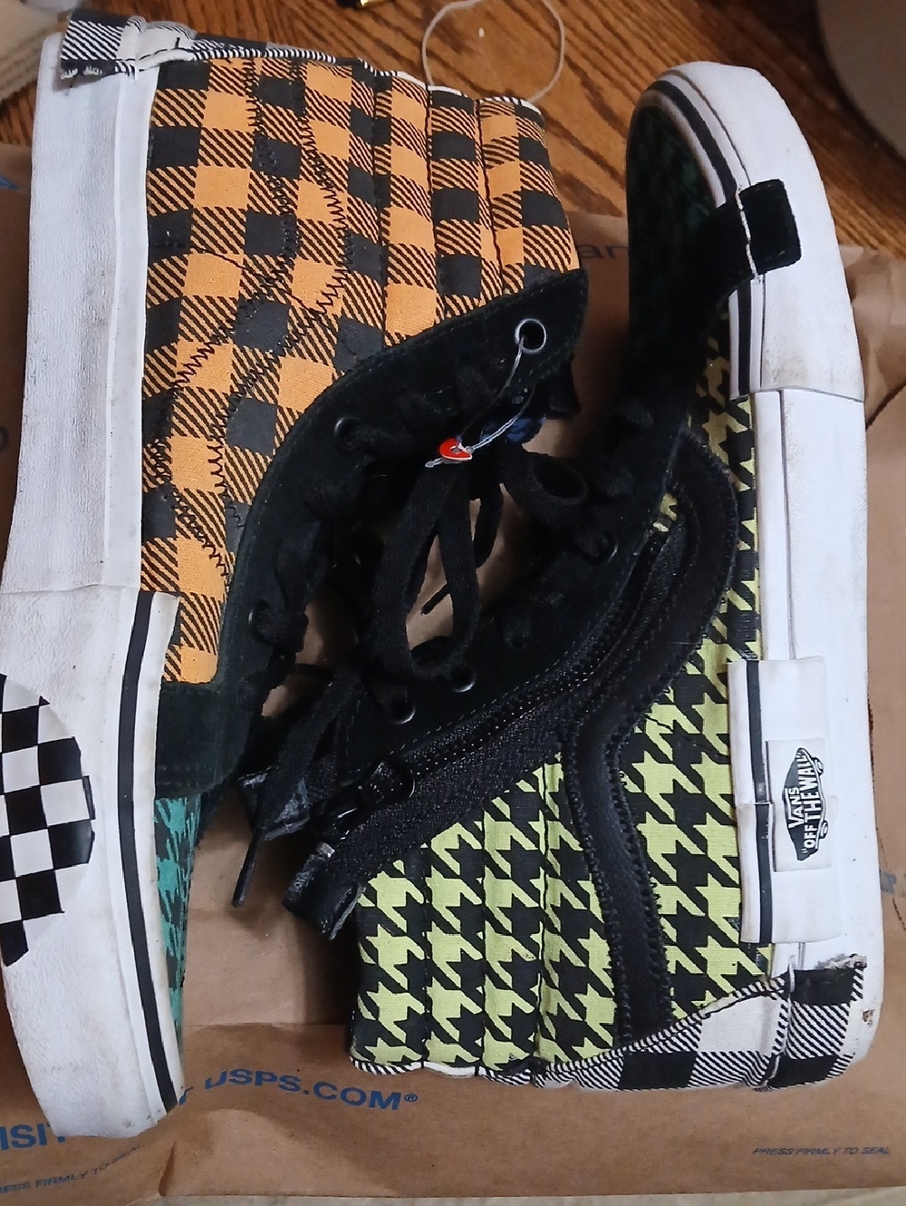 Vans Sk8-High-Top Sneakers in Black, Orange, Green Checker & Houndstooth Mix,7.5